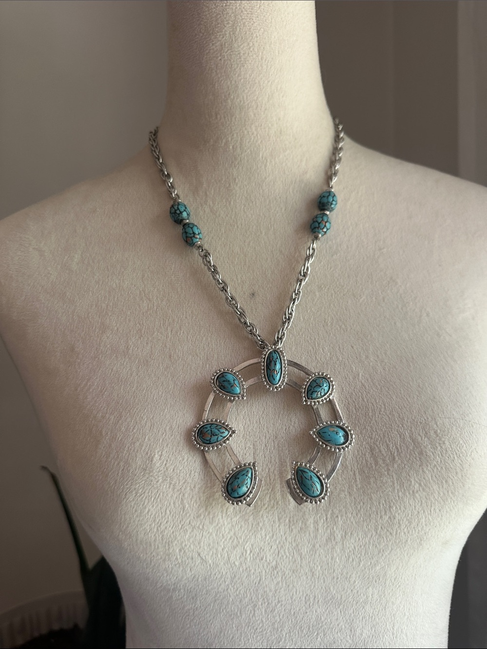 Turquoise Color Teardrop Squash Blossom Style Necklace - Women Jewelry